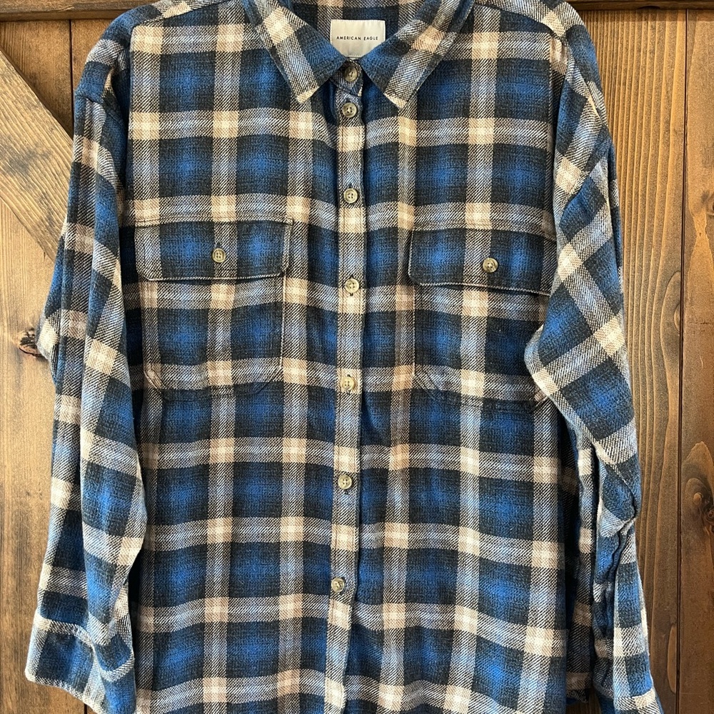 American Eagle Outfitters Blue and Brown Plaid Casual flannel Button Down Shirt